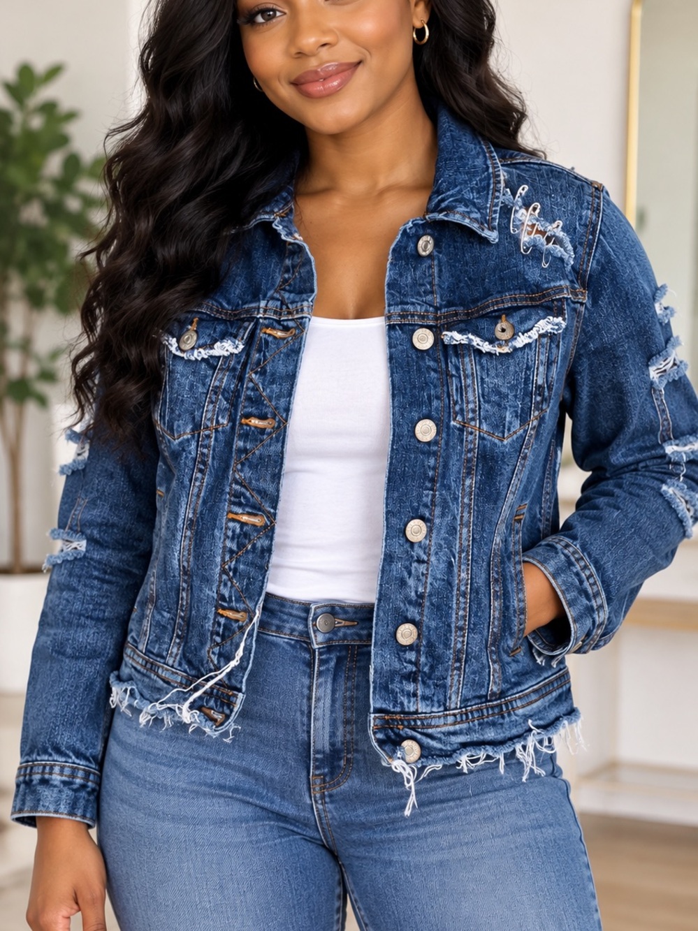 Old Navy Women's Dark Blue Distressed Denim Jacket